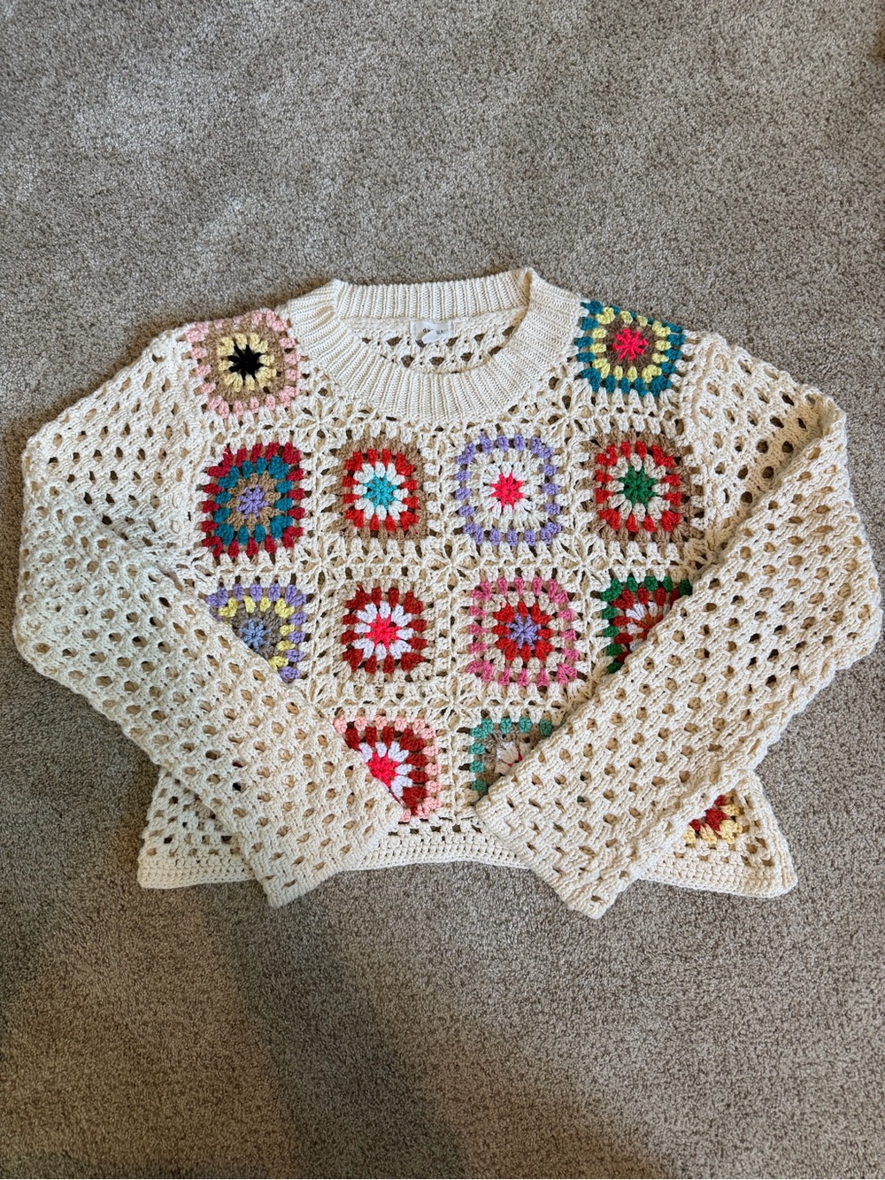 debut Cream Crochet Crewneck Sweater with Multicolor Granny Squares Cottagecore